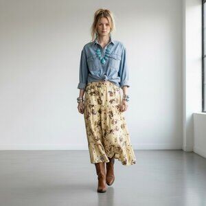 Vintage Scully Western Horse Cowboy Rodeo Print Tiered Cotton Skirt NWT Size 14